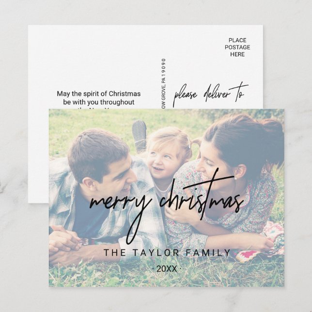 Cartão Postal De Festividades Caligrafia Whimsical | Faded Photo Christmas (Frente/Verso)