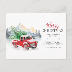 Cartão Postal De Festividades Caminhão de Aquarela e Árvore Feliz Natal