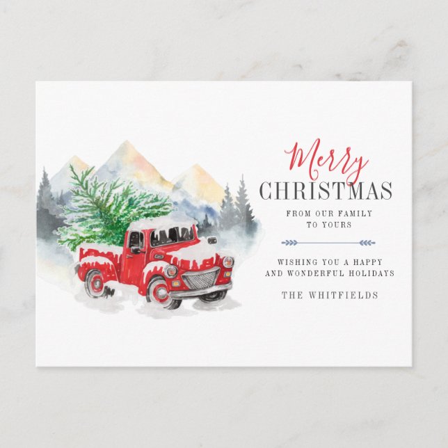 Cartão Postal De Festividades Caminhão de Aquarela e Árvore Feliz Natal (Frente)