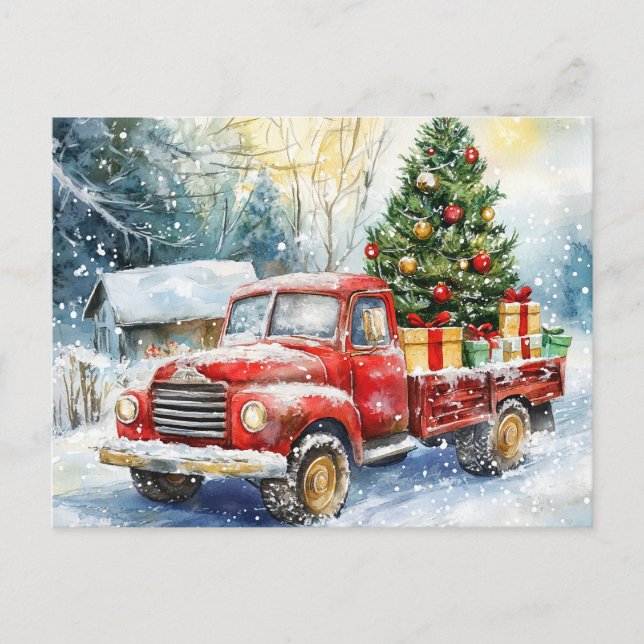 Cartão Postal De Festividades Caminhão de Carregando da Árvore de Natal (Frente)