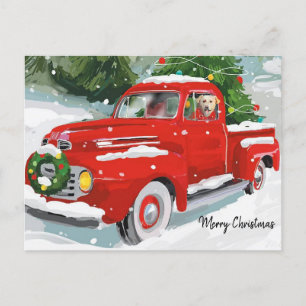 Cartão Postal De Festividades Caminhão de Natal Vermelho Fofo Com Cachorro