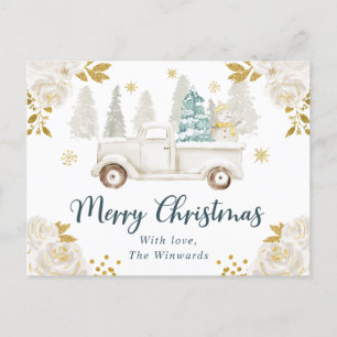 Cartão Postal De Festividades Caminhão Floral de Natal Branco e Dourado de Inver