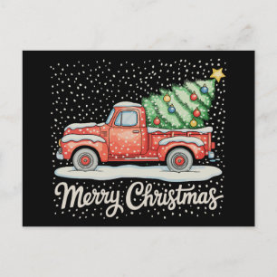 Cartão Postal De Festividades Caminhão Vermelho Antigo Natal Feliz Vintage