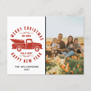 Cartão Postal De Festividades Caminhão Vermelho e Árvore Feliz Natal Foto Feriad