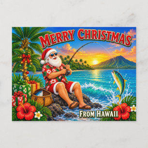 Cartão Postal De Festividades Camisa de Santa Pescando no Havaí Natal