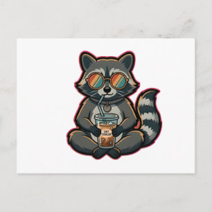 Cartão Postal De Festividades Camiseta Guaxinim Legal Bebendo Café Com Leite De 