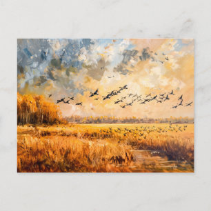 Cartão Postal De Festividades Campo de outono com óleo de impressionismo de aves