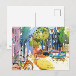 Cartão Postal De Festividades Canal de Amsterdã com Bicicletas - Arte de Aquarel