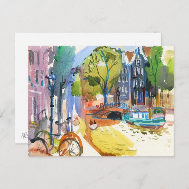 Cartão Postal De Festividades Canal de Amsterdã com Bicicletas - Arte de Aquarel (Frente/Verso)