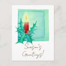 Cartão Postal De Festividades Candle and holly Christmas Card