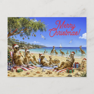 Cartão Postal De Festividades Canguru de Natal na Praia Piquenique Feliz Natal