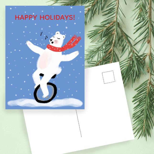 Cartão Postal De Festividades Cantando o Urso Polar da Unicamp - Personalizado (Singing Unicycle Polar Bear Christmas Cute Custom Holiday Postcard
)