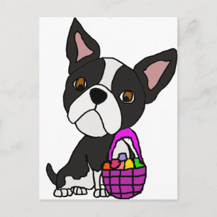 Cartão Postal De Festividades Cão engraçado de Boston Terrier com cesta da