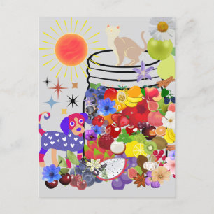 Cartão Postal De Festividades cão, gato, frutas e flores