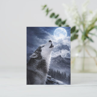 Cartão Postal De Festividades Cão Lobo Husky Uivando no Solstício de Inverno