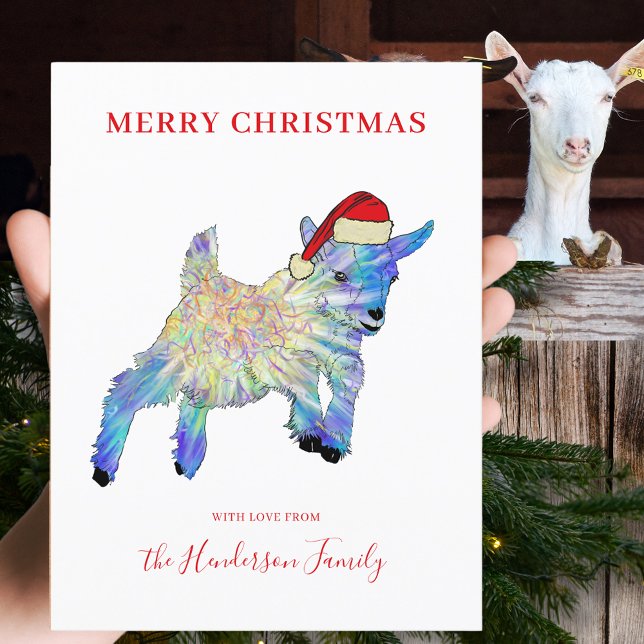 Cartão Postal De Festividades Capim bonito vestindo chapéu de Papai Noel (Merry Christmas cute jumping goat wearing a Santa hat illustration custom holiday budget postcard)
