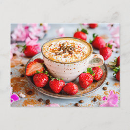 Cartão Postal De Festividades Cappuccino com crema, canela e morangos