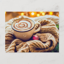 Cartão Postal De Festividades Cappuccino com enfeite de Natal em cobertor