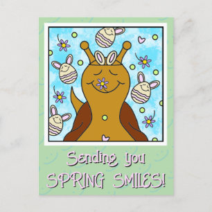 Cartão Postal De Festividades Caracol Bonito Com Ovos Coelhinhos Enviando Páscoa