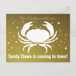 Cartão Postal De Festividades Caranguejo Divertido de Natal Sandy Claws Dourado 
