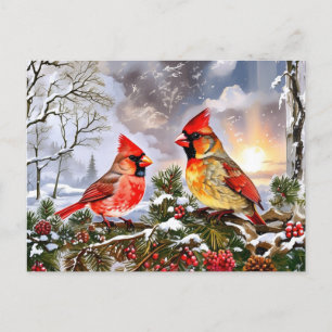 Cartão Postal De Festividades Cardeais Vermelhos com Paisagem de inverno em Berr