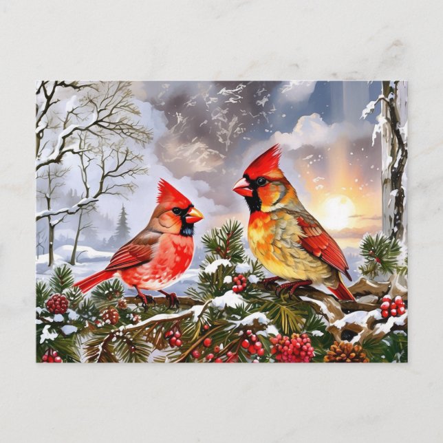 Cartão Postal De Festividades Cardeais Vermelhos com Paisagem de inverno em Berr (Frente)