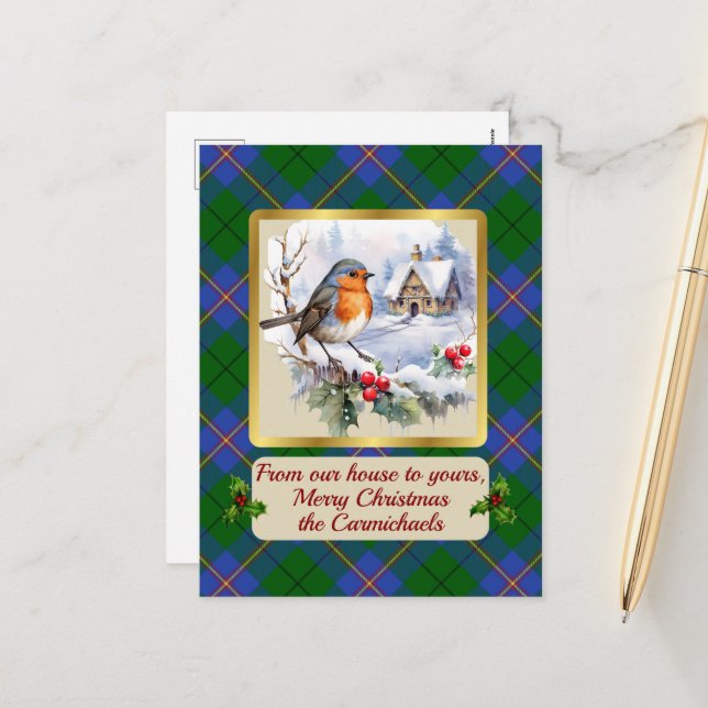 Cartão Postal De Festividades Carmichael Tartan w/Robin Personalizado (Frente/Verso In Situ)