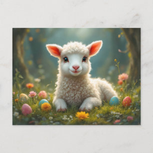 Cartão Postal De Festividades Carneiro de Páscoa, floresta, ovos de Páscoa.