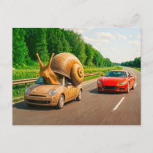 Cartão Postal De Festividades Carro Caracol Rastejando na Estrada Rural