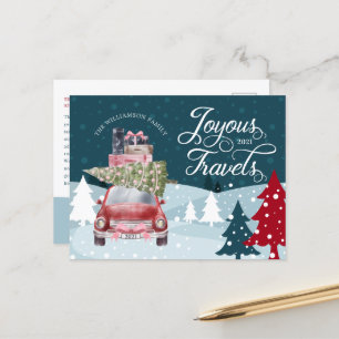 Cartão Postal De Festividades Carro De Coloração De Água Retrora Vermelha, Trip.