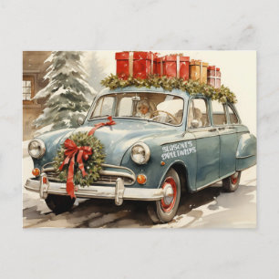 Cartão Postal De Festividades Carro de natais vintages com Presentes