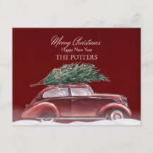 Carro vintage com neves da árvore de natal