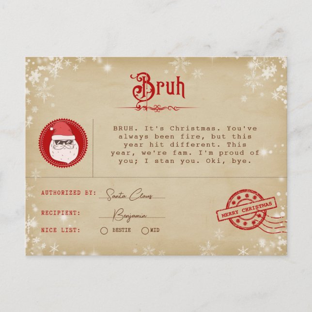 Cartão Postal De Festividades Carta de Natal para Telegrama de Natal de Adolesce (Frente)