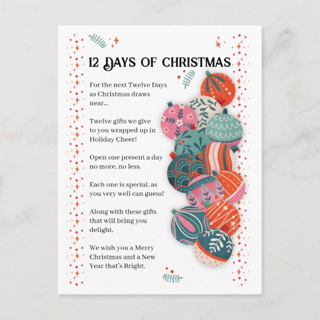 Cartão Postal De Festividades Carta dos 12 Dias de Natal (Frente)