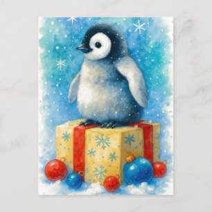 Cartão Postal De Festividades Carta Postal de Natal em Aquarela de Pinguim Bebê 