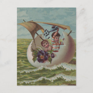 Cartão Postal De Festividades Cartão Antigo de Páscoa Ovo Navegando Crianças
