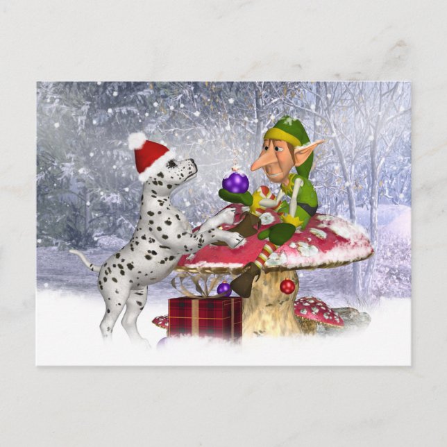 Cartão Postal De Festividades cartão de feriado com cachorrinho dálmata e elfo (Frente)