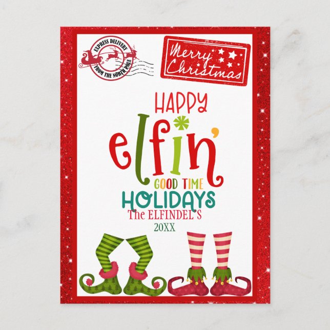 Cartão Postal De Festividades Cartão de Férias Feliz Elfin" (Frente)