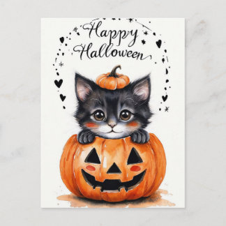 Cartão Postal De Festividades Cartão de Halloween de Gatinho Preto Fofo | Feliz
