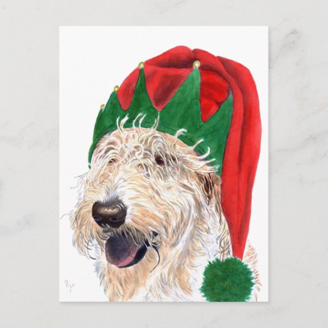 Cartão Postal De Festividades Cartão de Labradoodle do ajudante do papai noel (Frente)