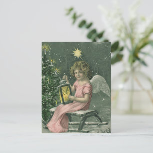 Cartão Postal De Festividades Cartão de Natal Antigo   Anjo e Árvore de Natal