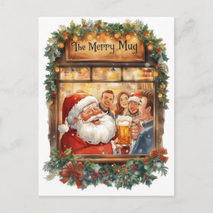 Cartão Postal De Festividades Cartão de Natal Britânico com Papai Noel no Pub