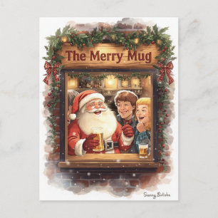 Cartão Postal De Festividades Cartão de Natal Britânico com Papai Noel no Pub