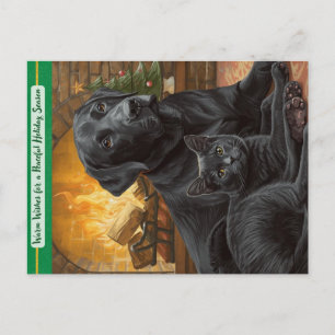 Cartão Postal De Festividades Cartão de Natal com Cachorro Preto e Gato Desejos