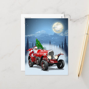Cartão Postal De Festividades Cartão de Natal com carro retrógrado e Papais noei