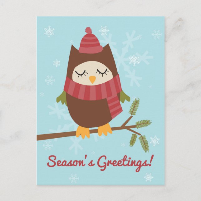 Cartão Postal De Festividades Cartão de Natal com coruja fofa no pínus (Frente)