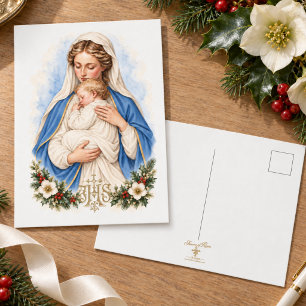 Cartão Postal De Festividades Cartão de Natal com Madonna e Menino com IHS Doura
