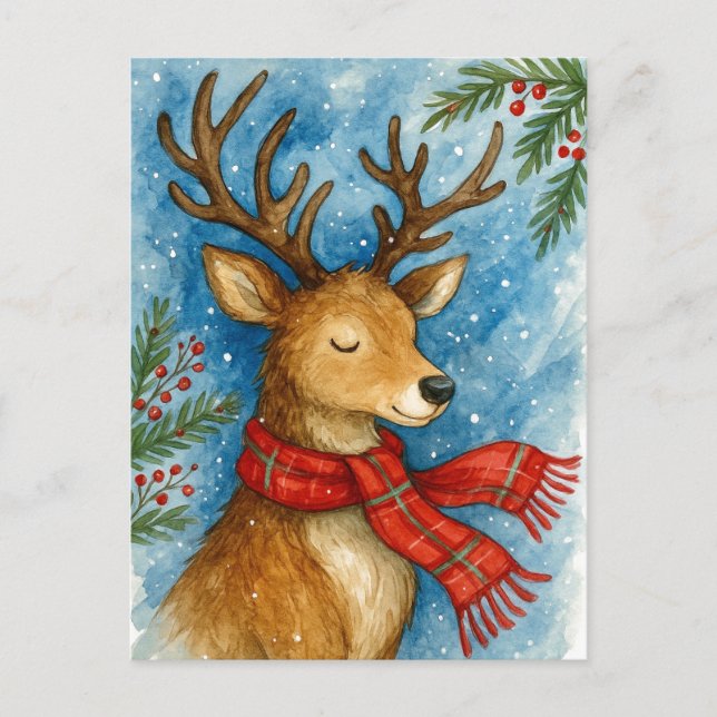 Cartão Postal De Festividades Cartão de Natal com Rena Pacífica com Cachecol Ver (Frente)