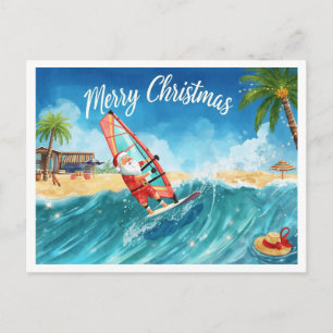 Cartão Postal De Festividades Cartão de Natal da Praia do Papai Noel de Windsurf