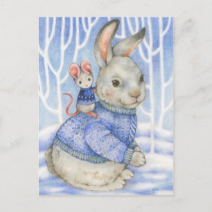 Cartão Postal De Festividades Cartão de Natal de Coelho e Rato Bonito
